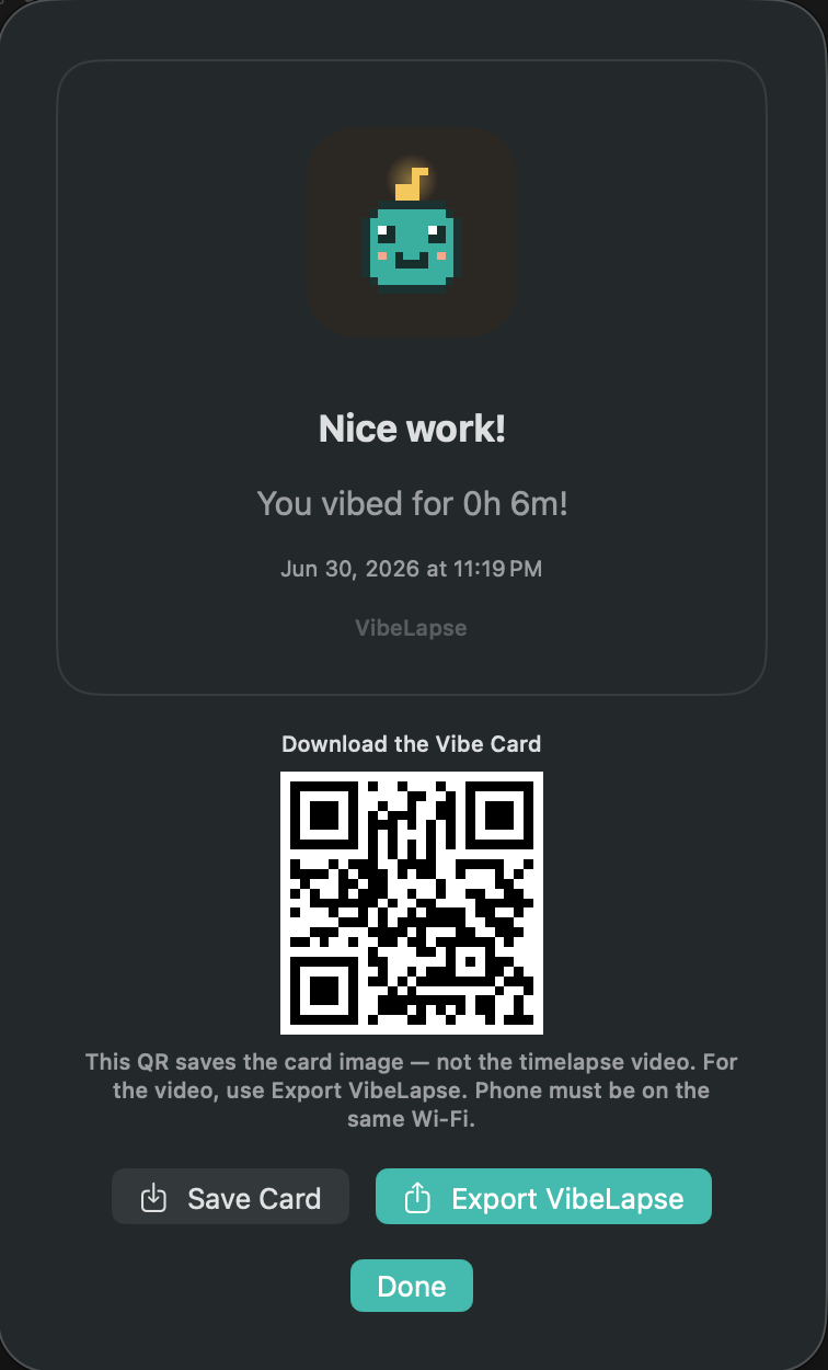 Vibe Card showing how long you vibed
