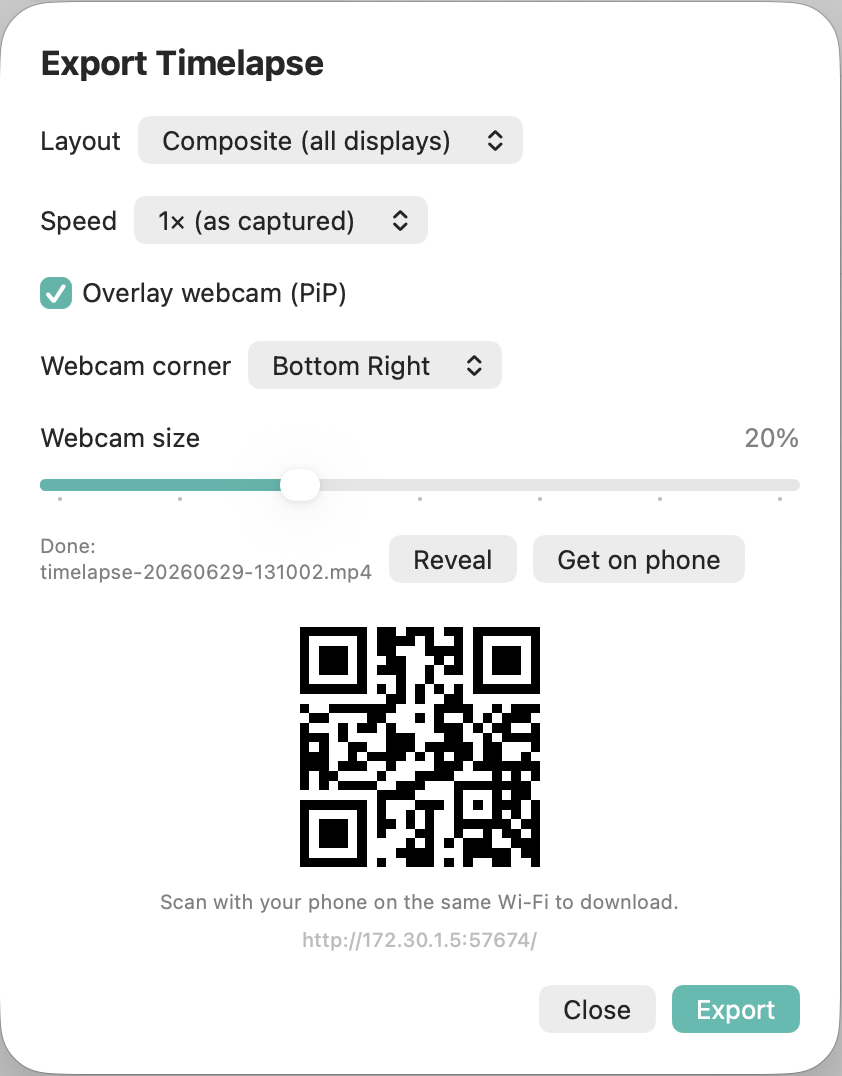 Export Timelapse dialog